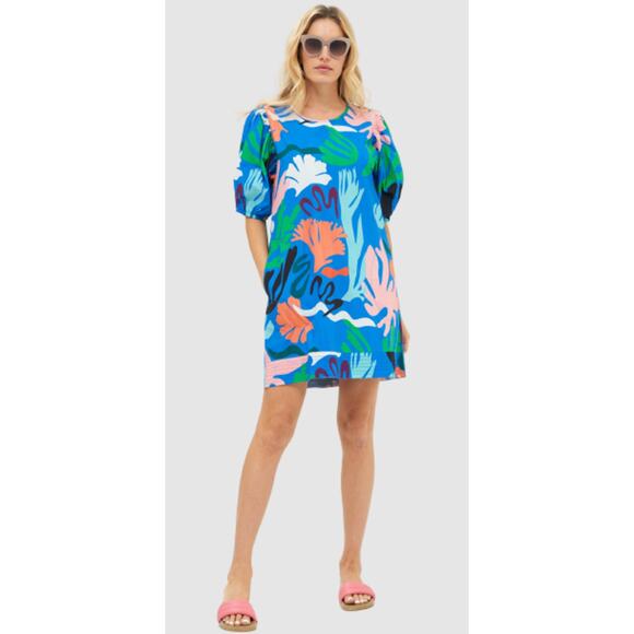 OLIPHANT Resort Puff Sleeve Crew Neck Mini Cotton Dress Blue Reef Tuckernuck - Picture 1 of 8